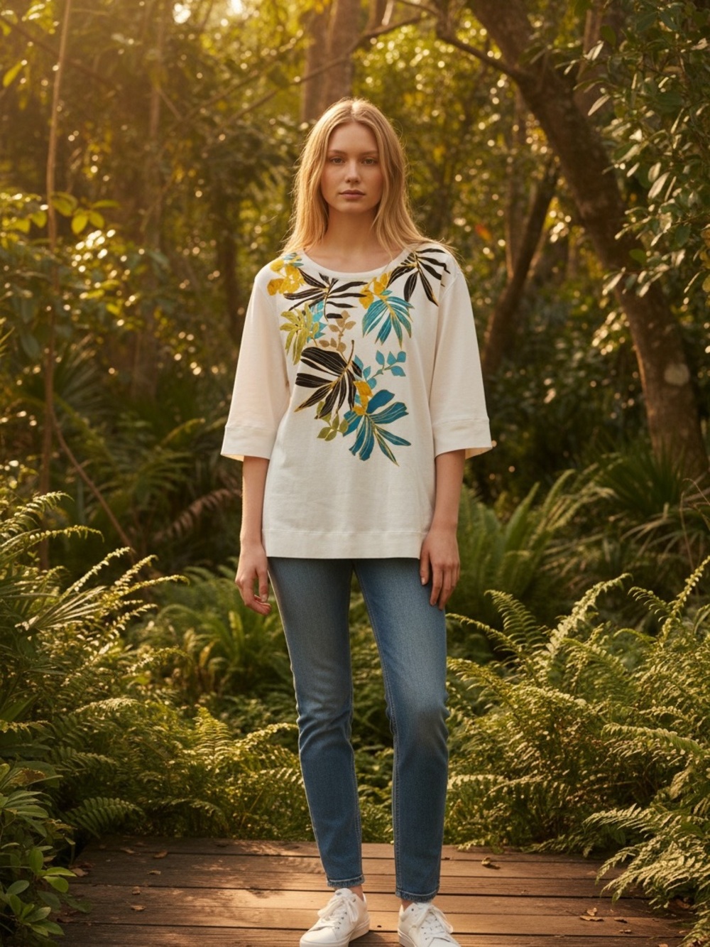 Chico’s Women's Cream Floral Crewneck Top with Contrast Leaf Print-EUC